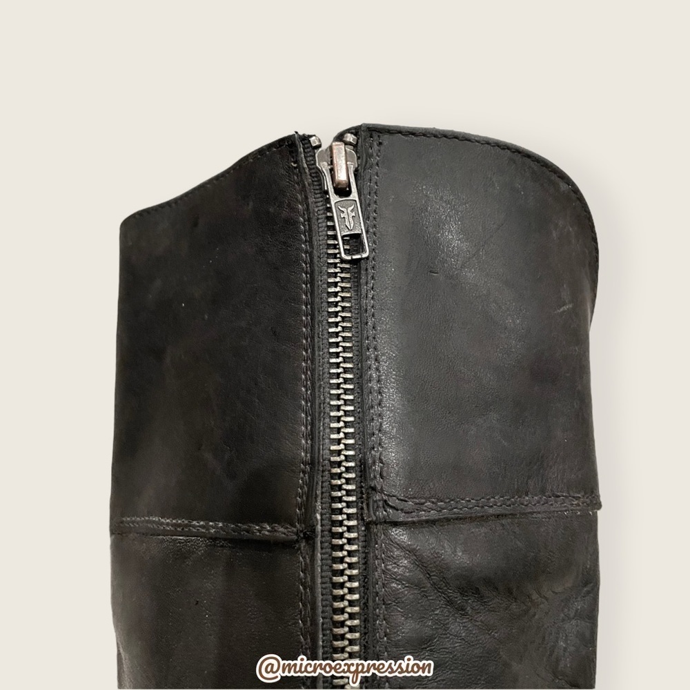 $389 Frye Jamie Ring Tall Distressed Stone Black Leather Knee High Zip Up Boot - Picture 12 of 15